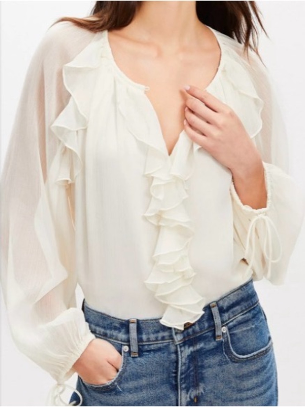 LOFT Ivory Ruffle Front Tie-Cuff V-Neck Blouse: Petite Largev